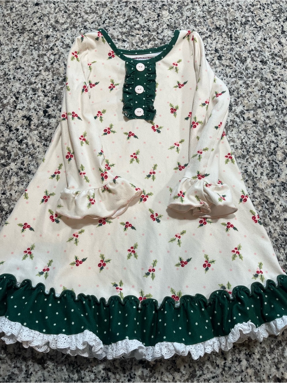 SweetHoney Cream Nightgown with Green Trim and Cherry Floral Print